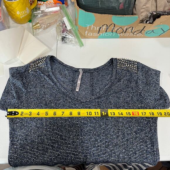 Karen Millen Blue Stripe Studded Tee Womens Size 8 Mixed Media Linen - Picture 5 of 6